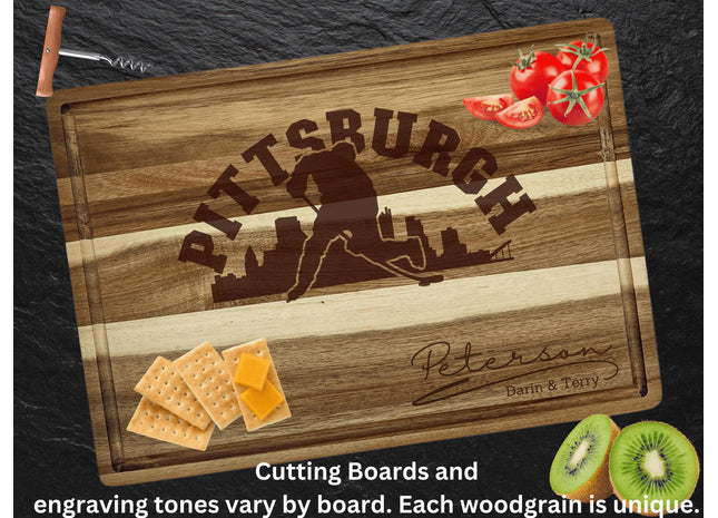 Personalized Pittsburgh Hockey Fan Acacia Wood Cutting Board