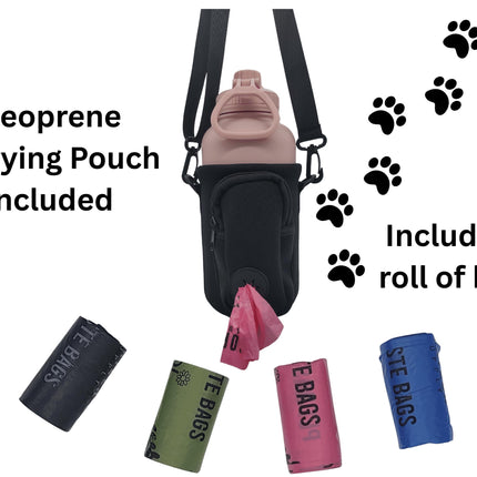 Promotional image showing a pink pet water bottle inside a black neoprene carrying pouch with a shoulder strap. The pouch has a pocket dispensing a pink waste bag, and several rolls of waste bags in different colors (black, green, pink, blue) are displayed below. Text reads “Neoprene Carrying Pouch Included” and “Includes a roll of bags,” with decorative black paw prints leading across the image.