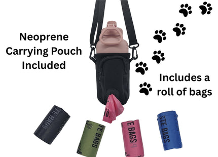 Promotional image showing a pink pet water bottle inside a black neoprene carrying pouch with a shoulder strap. The pouch has a pocket dispensing a pink waste bag, and several rolls of waste bags in different colors (black, green, pink, blue) are displayed below. Text reads “Neoprene Carrying Pouch Included” and “Includes a roll of bags,” with decorative black paw prints leading across the image.