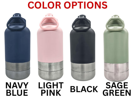 May include: Four insulated water bottles in different colors: navy blue, light pink, black, and sage green. Each bottle has a silver base and a matching colored body. The text below each bottle indicates the color options: Navy Blue, Light Pink, Black, and Sage Green.