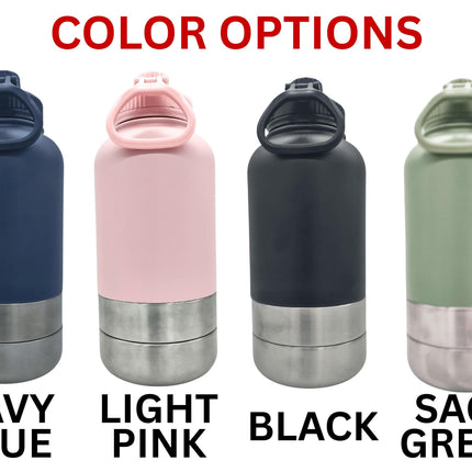 May include: Four insulated water bottles in different colors: navy blue, light pink, black, and sage green. Each bottle has a silver base and a matching colored body. The text below each bottle indicates the color options: Navy Blue, Light Pink, Black, and Sage Green.