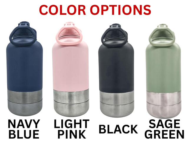 May include: Four insulated water bottles in different colors: navy blue, light pink, black, and sage green. Each bottle has a silver base and a matching colored body. The text below each bottle indicates the color options: Navy Blue, Light Pink, Black, and Sage Green.