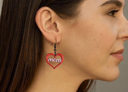 Hand Painted Mom Heart Earrings: Baltic Birch, Hypoallergenic