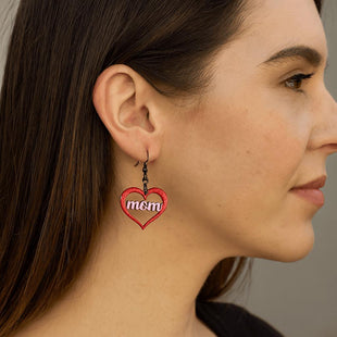 Hand Painted Mom Heart Earrings: Baltic Birch, Hypoallergenic
