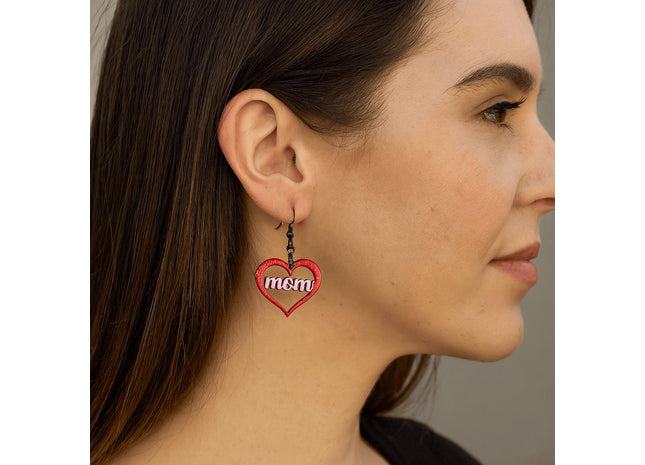 Hand Painted Mom Heart Earrings: Baltic Birch, Hypoallergenic