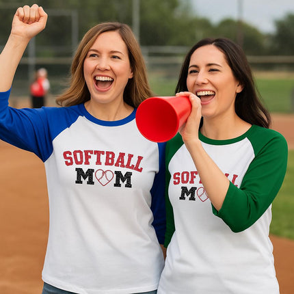 Softball Mom Raglan Shirt: Heart Graphic 3/4 Sleeve Tee