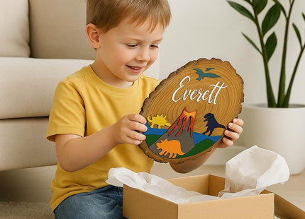 Personalized Kids Wooden Name Sign: Dinosaur or Mountain Decor