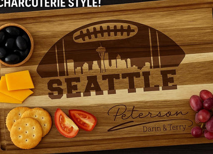 Personalized Seattle Football Cutting Board: Engraved Acacia Wood Game Day Gift
