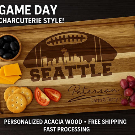Personalized Seattle Football Cutting Board: Engraved Acacia Wood Game Day Gift