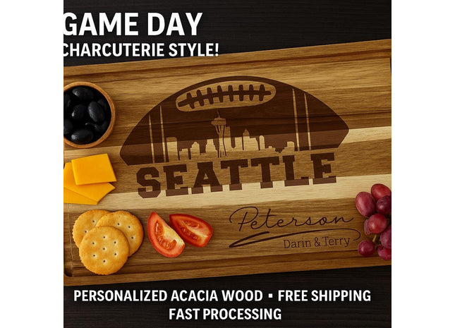 Personalized Seattle Football Cutting Board: Engraved Acacia Wood Game Day Gift