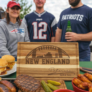 Personalized New England Football Cutting Board: Engraved Acacia Wood