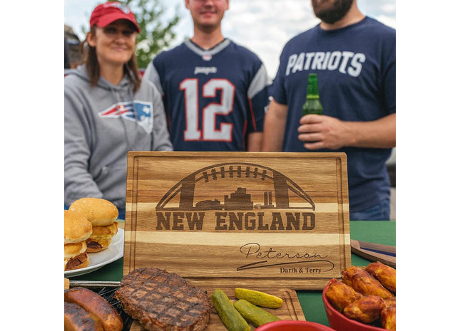 Personalized New England Football Cutting Board: Engraved Acacia Wood