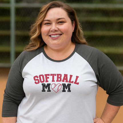 Softball Mom Raglan Shirt: Heart Graphic 3/4 Sleeve Tee