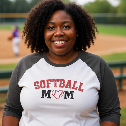 Softball Mom Raglan Shirt: Heart Graphic 3/4 Sleeve Tee