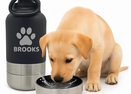 Golden puppy drinking water from a stainless steel bowl attachment next to a black and silver personalized pet water bottle labeled “BROOKS” with a paw print design. The scene is bright and clean, highlighting the product’s modern, travel-friendly design for pets.