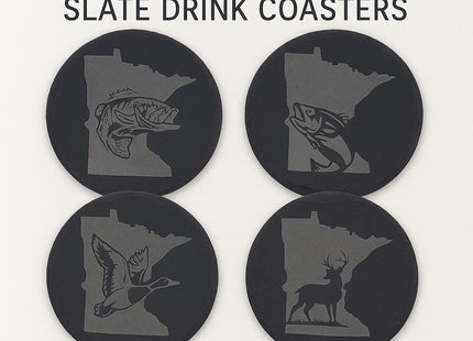 Minnesota Sportsman Coasters | Round Slate Drink Coasters | Minnesota Outdoors Gift | Minnesota Fishing and Hunting Coasters