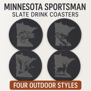 Minnesota Sportsman Coasters | Round Slate Drink Coasters | Minnesota Outdoors Gift | Minnesota Fishing and Hunting Coasters