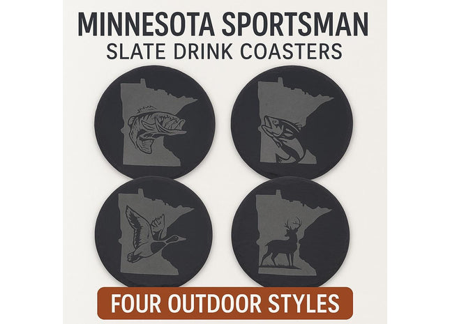 Minnesota Sportsman Coasters | Round Slate Drink Coasters | Minnesota Outdoors Gift | Minnesota Fishing and Hunting Coasters