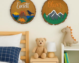 Personalized Kids Wooden Name Sign: Dinosaur or Mountain Decor