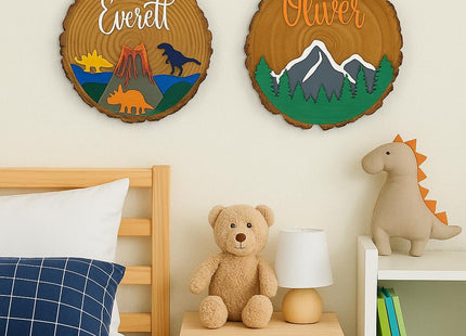 Personalized Kids Wooden Name Sign: Dinosaur or Mountain Decor