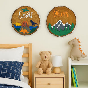 Personalized Kids Wooden Name Sign: Dinosaur or Mountain Decor