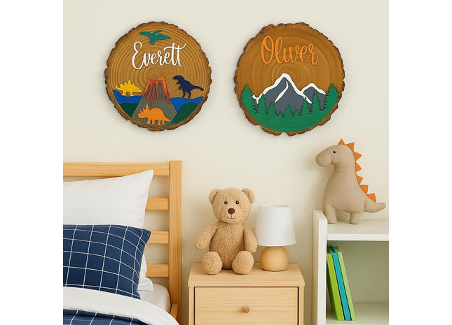 Personalized Kids Wooden Name Sign: Dinosaur or Mountain Decor