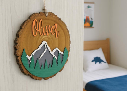 Personalized Kids Wooden Name Sign: Dinosaur or Mountain Decor