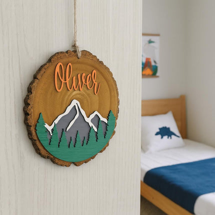Personalized Kids Wooden Name Sign: Dinosaur or Mountain Decor