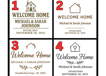 Graphic showing four engraved cutting board design styles labeled “Welcome Home” with customization examples for “Michael & Sarah Johnson” and “Established September 20, 2025.”

Vintage Cottage – Classic home illustration with bold serif text.

Minimalist Modern – Simple house outline with clean typography.

Modern Rustic – Handwritten script with a small branch motif.

Traditional Elegant – Heart-in-house icon with graceful cursive lettering.