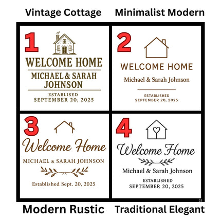 Graphic showing four engraved cutting board design styles labeled “Welcome Home” with customization examples for “Michael & Sarah Johnson” and “Established September 20, 2025.”

Vintage Cottage – Classic home illustration with bold serif text.

Minimalist Modern – Simple house outline with clean typography.

Modern Rustic – Handwritten script with a small branch motif.

Traditional Elegant – Heart-in-house icon with graceful cursive lettering.