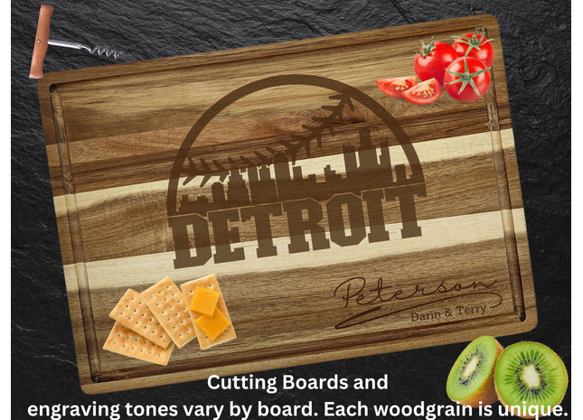 Personalized Detroit Baseball Cutting Board: Engraved Acacia Wood Gift