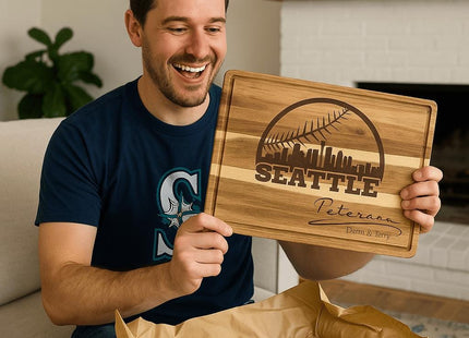 Personalized Seattle Baseball Cutting Board: Acacia Wood, Sports Fan Gift