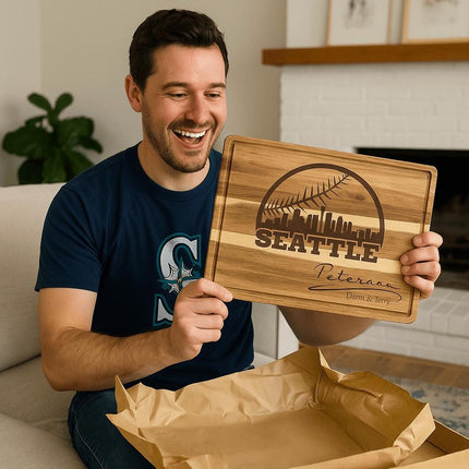 Personalized Seattle Baseball Cutting Board: Acacia Wood, Sports Fan Gift
