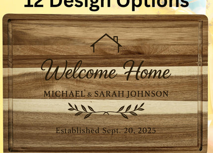 Custom engraved acacia wood cutting board featuring a house outline and the text “Welcome Home,” “Michael & Sarah Johnson,” and “Established Sept. 20, 2025.” The background has a festive yellow design with stars and ribbons. Text above the board reads “Custom Cutting Board – 12 Design Options,” and text below reads “Housewarming and Realtor Closing Gift.”