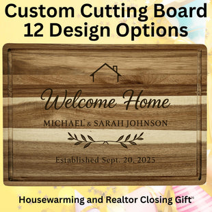 Custom engraved acacia wood cutting board featuring a house outline and the text “Welcome Home,” “Michael & Sarah Johnson,” and “Established Sept. 20, 2025.” The background has a festive yellow design with stars and ribbons. Text above the board reads “Custom Cutting Board – 12 Design Options,” and text below reads “Housewarming and Realtor Closing Gift.”