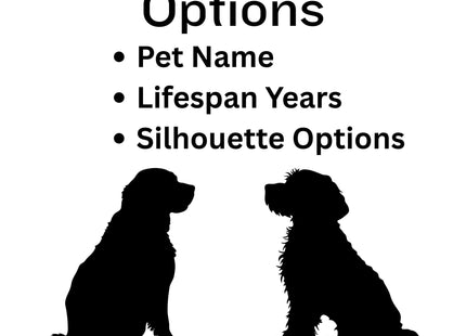 Informational graphic titled “Custom Ornament Options” listing personalization choices: Pet Name, Lifespan Years, and Silhouette Options. Below the text are two black dog silhouettes facing opposite directions, with the caption “Hundreds of Breeds Available” at the bottom.