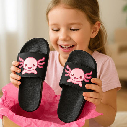 Kids Sandals | Pink Axolotl Slide Sandals | Youth Flip Flops with Black or White Soles