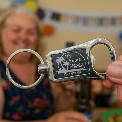 Engraved Retirement Bottle Opener Keychain: "It's 5 O'clock Somewhere"