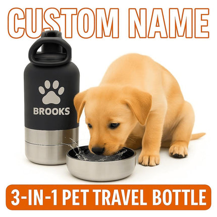 Golden puppy drinking water from a stainless steel bowl attachment next to a black and silver personalized pet water bottle labeled “BROOKS” with a paw print design. The scene is bright and clean, highlighting the product’s modern, travel-friendly design for pets.