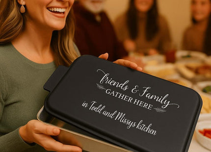 Personalized Aluminum Cake Pan with Lid | Friends & Family Gather Here