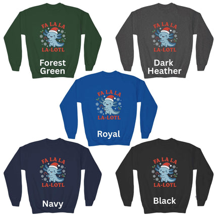 Kids Christmas Axolotl Sweatshirt | Cute Holiday Crewneck | Blue or Pink Axolotl Sweater | Unisex Youth Christmas Gift | Fa La La La-Lotl