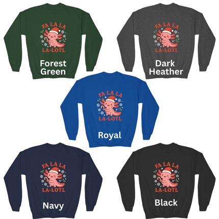 Kids Christmas Axolotl Sweatshirt | Cute Holiday Crewneck | Blue or Pink Axolotl Sweater | Unisex Youth Christmas Gift | Fa La La La-Lotl