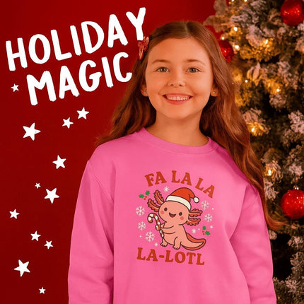 Kids Christmas Axolotl Sweatshirt | Cute Holiday Crewneck | Blue or Pink Axolotl Sweater | Unisex Youth Christmas Gift | Fa La La La-Lotl