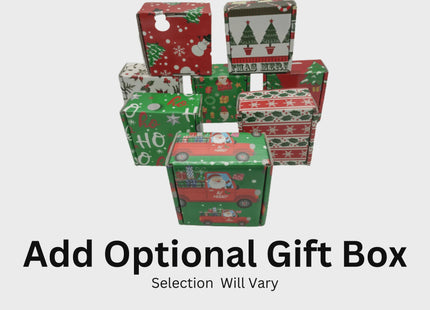 Stack of colorful holiday-themed gift boxes in various designs, including Christmas trees, snowmen, Santa Claus, and festive patterns. Text below reads “Add Optional Gift Box – Selection Will Vary,” indicating customers can choose to include a gift box with their order.