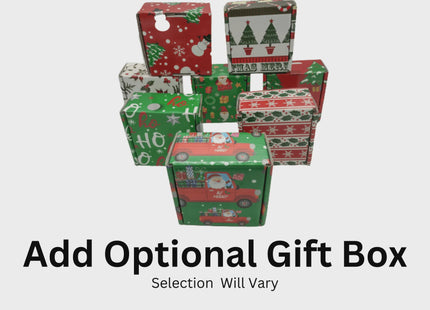Stack of colorful holiday-themed gift boxes in various designs, including Christmas trees, snowmen, Santa Claus, and festive patterns. Text below reads “Add Optional Gift Box – Selection Will Vary,” indicating customers can choose to include a gift box with their order.