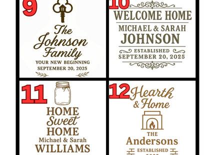 Graphic displaying four engraved cutting board design styles numbered 9–12, each with customizable text examples.
9. Key to the Home – Vintage key icon with “The Johnson Family – Your New Beginning – September 20, 2025.”
10. Vintage Typography – Bold “Welcome Home” design with “Michael & Sarah Johnson – Established September 20, 2025.”
11. Farmhouse Rustic – Mason jar illustration with “Home Sweet Home – Michael & Sarah Williams – Est. 2025.”
12. Hearth & Home – Fireplace symbol