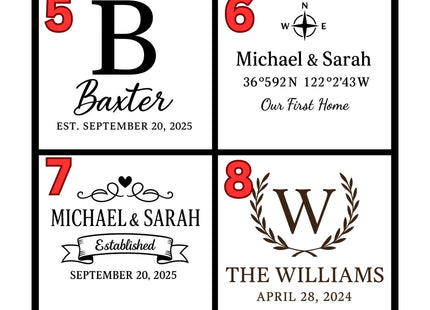 Graphic displaying four engraved cutting board design styles numbered 5–8, each with customizable text examples.
5. Block Monogram – Large initial “B” with the name “Baxter” and “Est. September 20, 2025.”
6. Coordinates – Compass symbol with “Michael & Sarah,” geographic coordinates, and “Our First Home.”
7. Script & Banner – Decorative scroll and banner design reading “Michael & Sarah – Established September 20, 2025.”
8. Wreath Emblem – Laurel wreath surrounding a large “W” with “The Williams
