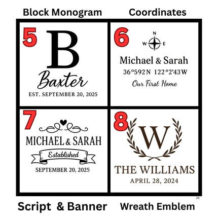 Graphic displaying four engraved cutting board design styles numbered 5–8, each with customizable text examples.
5. Block Monogram – Large initial “B” with the name “Baxter” and “Est. September 20, 2025.”
6. Coordinates – Compass symbol with “Michael & Sarah,” geographic coordinates, and “Our First Home.”
7. Script & Banner – Decorative scroll and banner design reading “Michael & Sarah – Established September 20, 2025.”
8. Wreath Emblem – Laurel wreath surrounding a large “W”