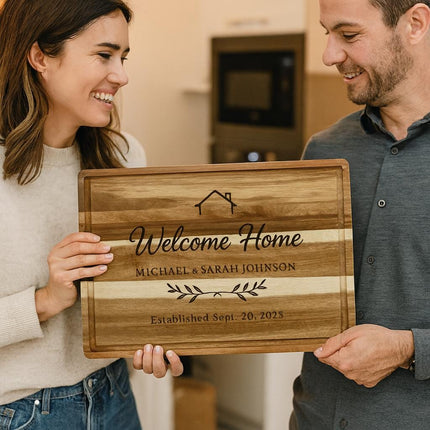 Smiling couple standing in a kitchen holding a personalized acacia wood cutting board engraved with a house outline and the text “Welcome Home,” “Michael & Sarah Johnson,” and “Established Sept. 20, 2025.” The scene conveys a warm housewarming or new homeowner gift moment.