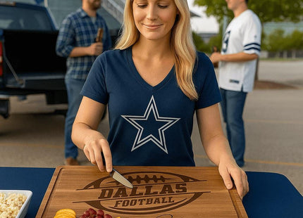 “Blonde woman in a navy Dallas football shirt prepares snacks on a personalized Dallas Football acacia cutting board engraved with the name ‘Peterson – Steven & Mary’ at a tailgating party. The board holds crackers, pepperoni, grapes, and cheese cubes, with fans, a truck, and the stadium visible in the background.”